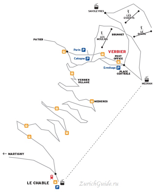 Verbier-arrival-map Горнолыжный курорт Вербье (Verbier), Швейцария - как добраться в Вербье, расписание, проезд из аэропорта, цены. Ски-пассы, описание курорта. Фото Вербье